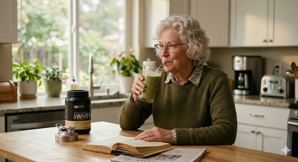 An older aduld drinking a protein shake