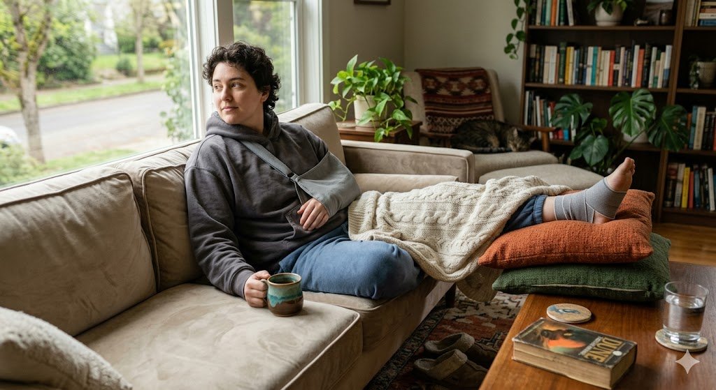 Resting at home with a visible injury indicator
