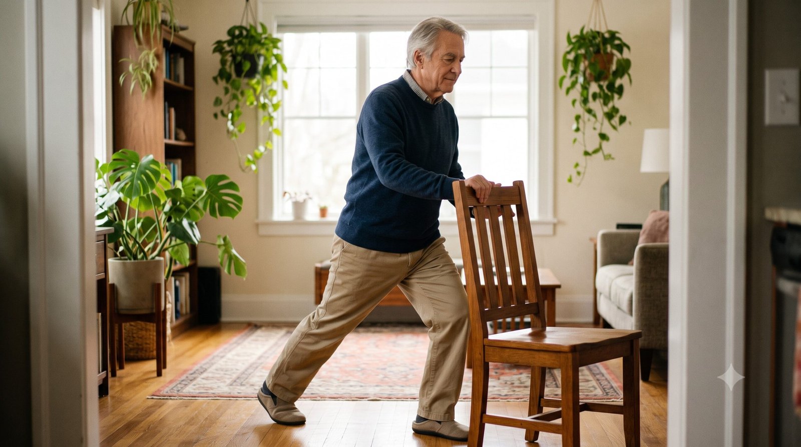 Senior man doing a chair-assisted calf stretch — flexibility exercises for seniors