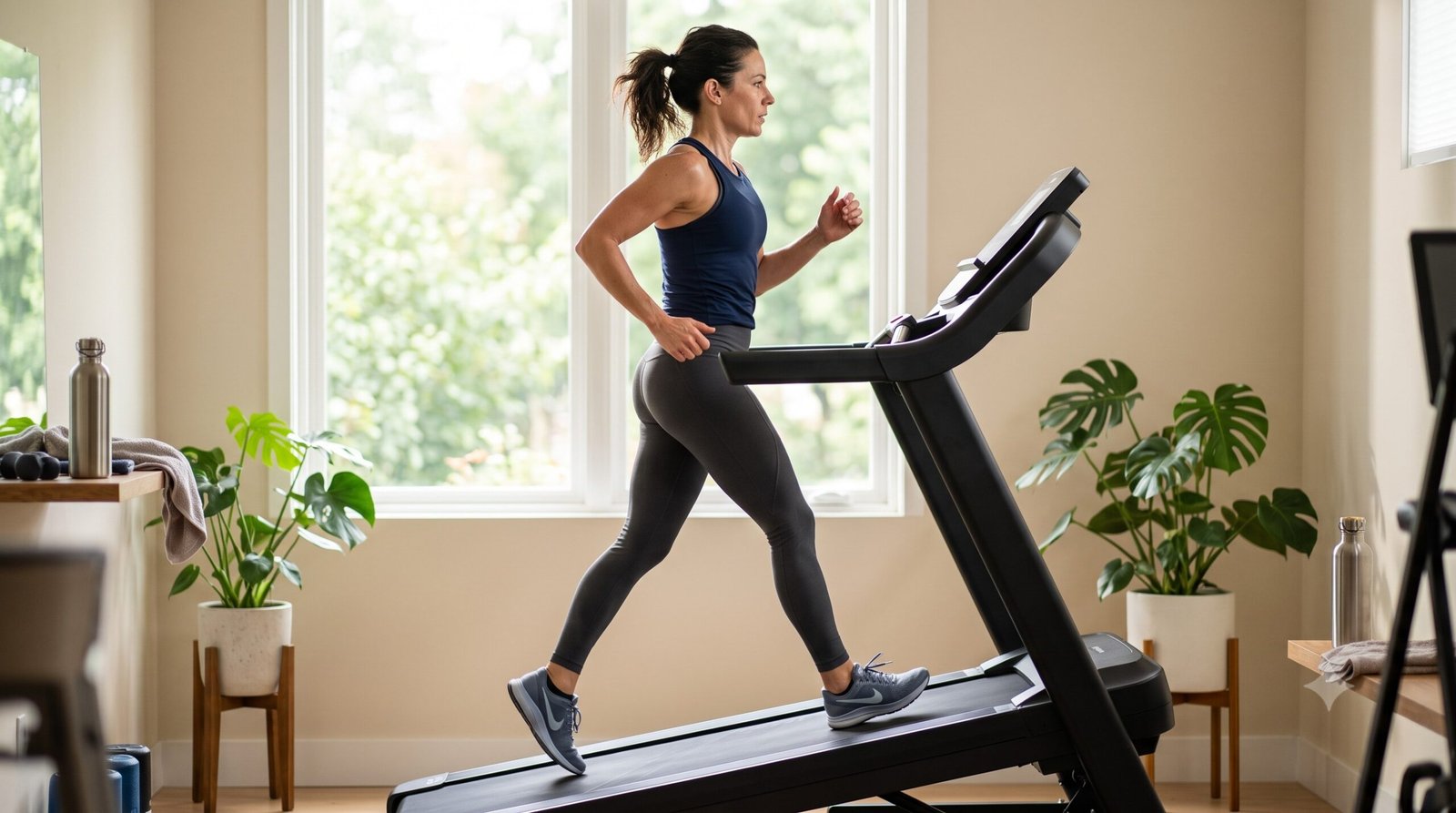 Walking hands-free at 10% incline — the setting that roughly doubles calorie burn at 3 mph.