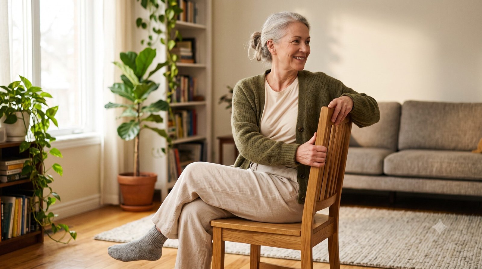 Senior woman doing a seated spinal twist stretch at home — flexibility exercises for seniors