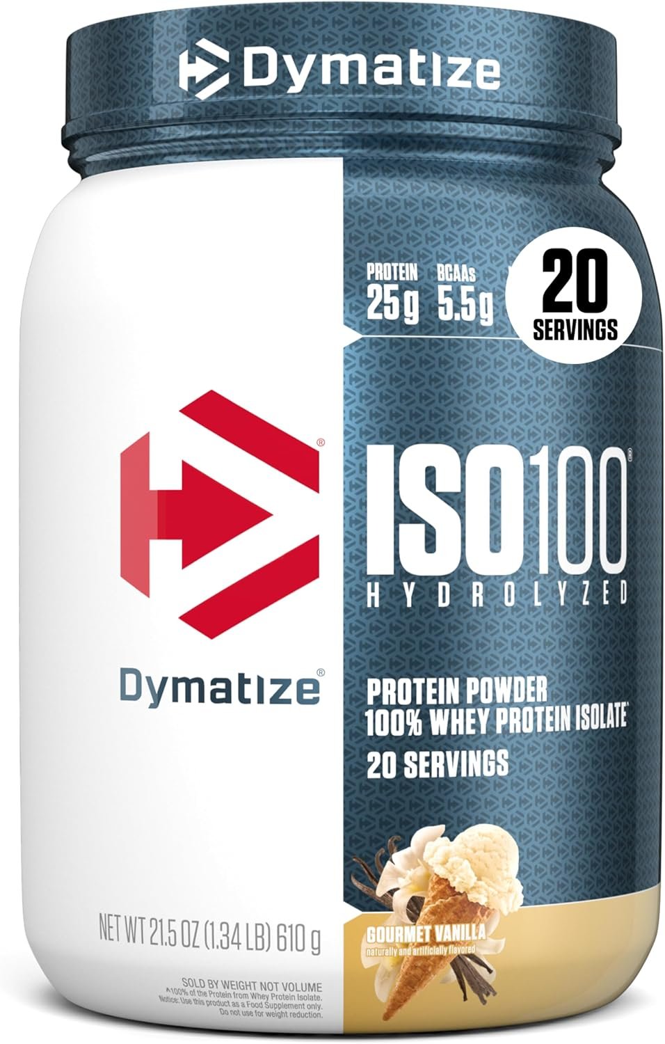 Dymatize ISO100 hydrolyzed whey protein isolate powder tub, 25 g protein per scoop