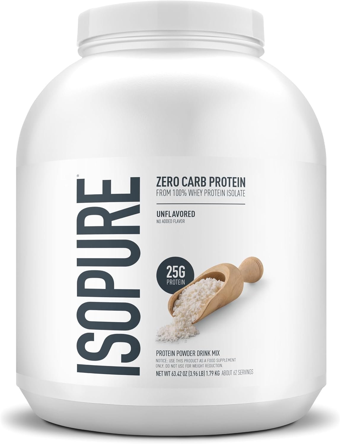 Isopure Zero Carb 100% whey protein isolate powder tub with 25g protein and zero carbs per scoop