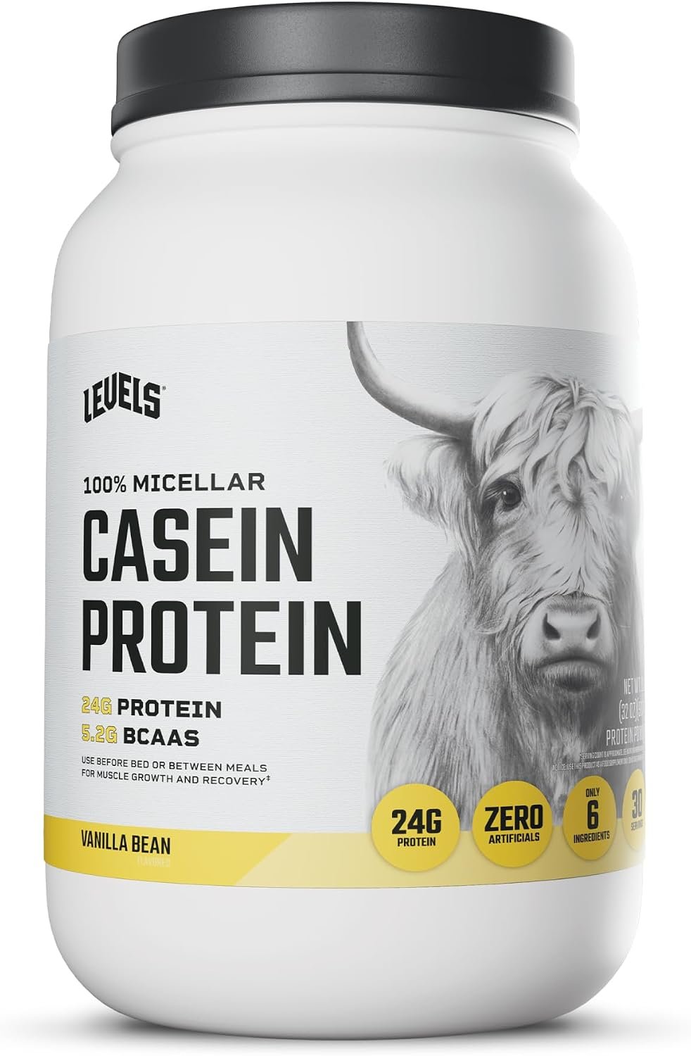 Levels 100% Micellar Casein protein powder bag, Vanilla Bean, with 24g protein per scoop and no added sugar