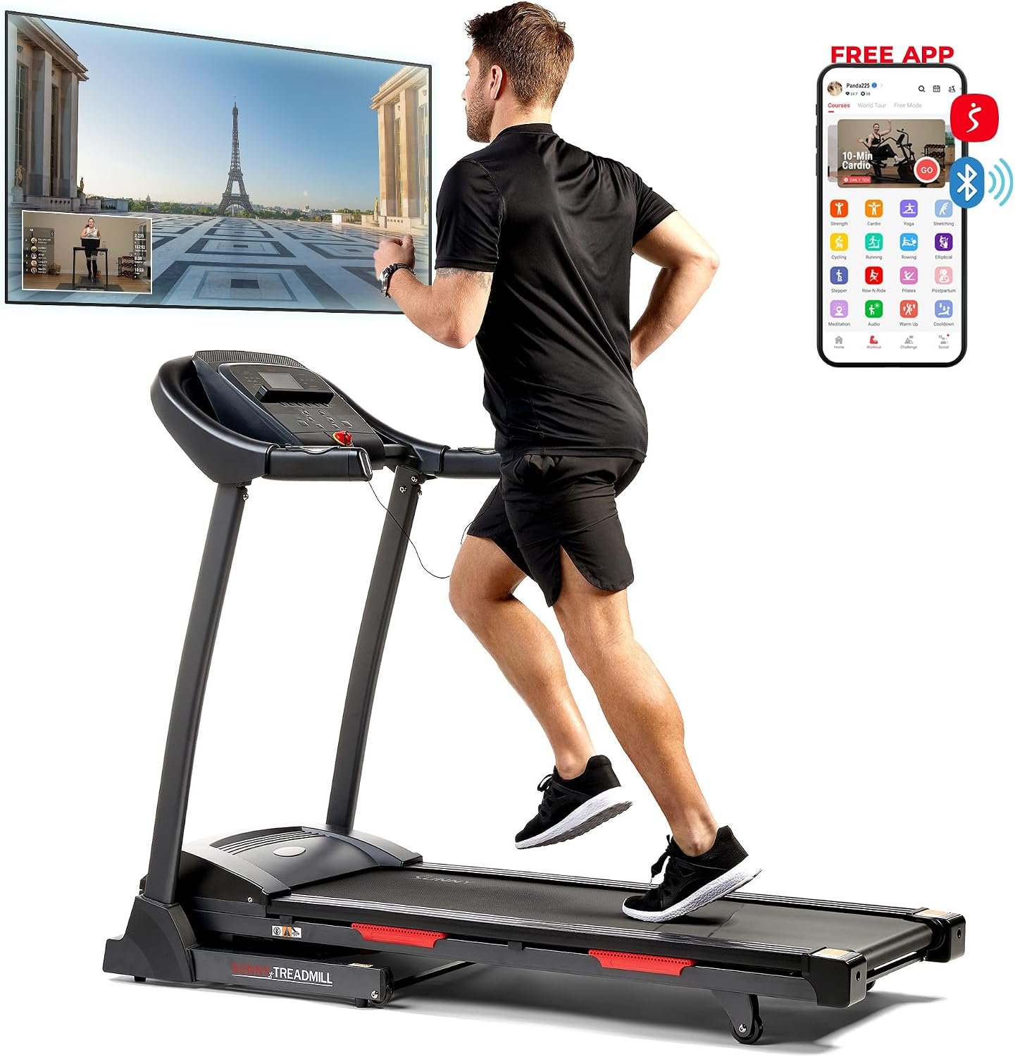 Sunny Health Smart Incline folding treadmill with 12% auto incline, 9 mph speed and handrails, 220 lb capacity