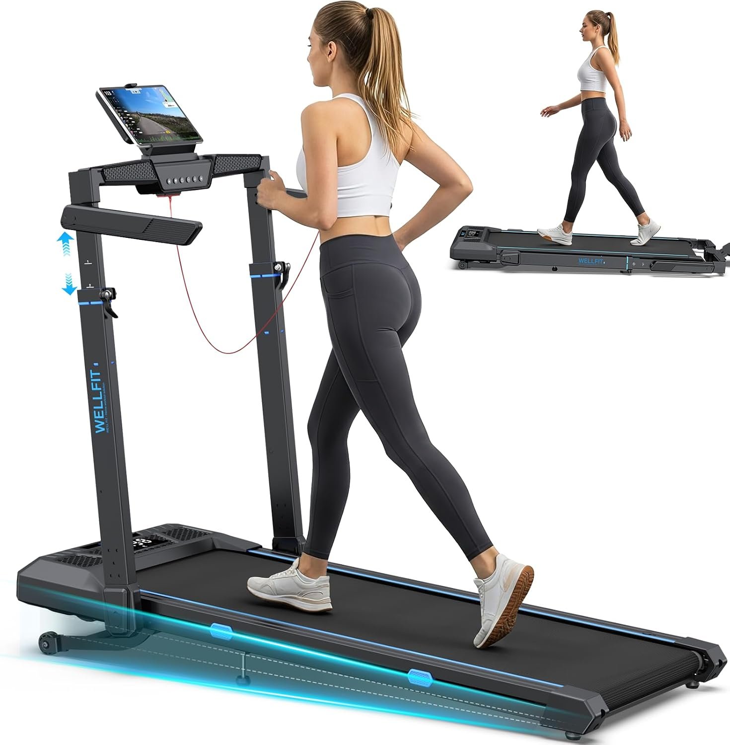 WELLFIT Foldable Auto Incline Treadmill with 5-height adjustable handrail, 0 to 10% auto incline and 400 lb capacity