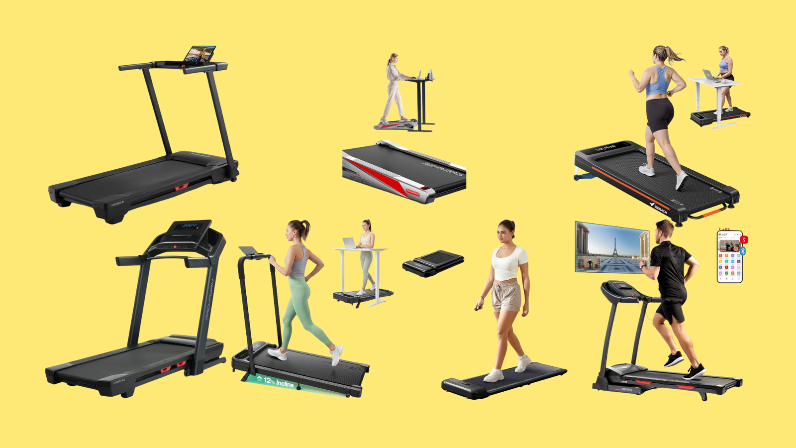 Walking pad vs treadmill: 7 under desk walking pads and full home treadmills compared on a yellow background